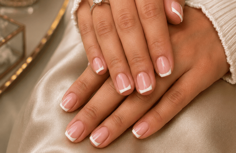 Professional gel nail extensions with elegant French tips, offering a natural finish, lightweight feel, and lasting shine
