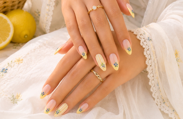 Soft gel nail extensions with delicate nail art, offering a lightweight feel and natural-looking elegance
