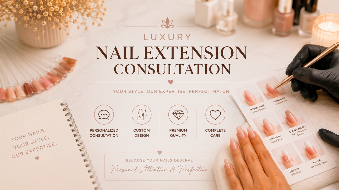 Luxury nail extension appointment featuring consultation and custom nail design