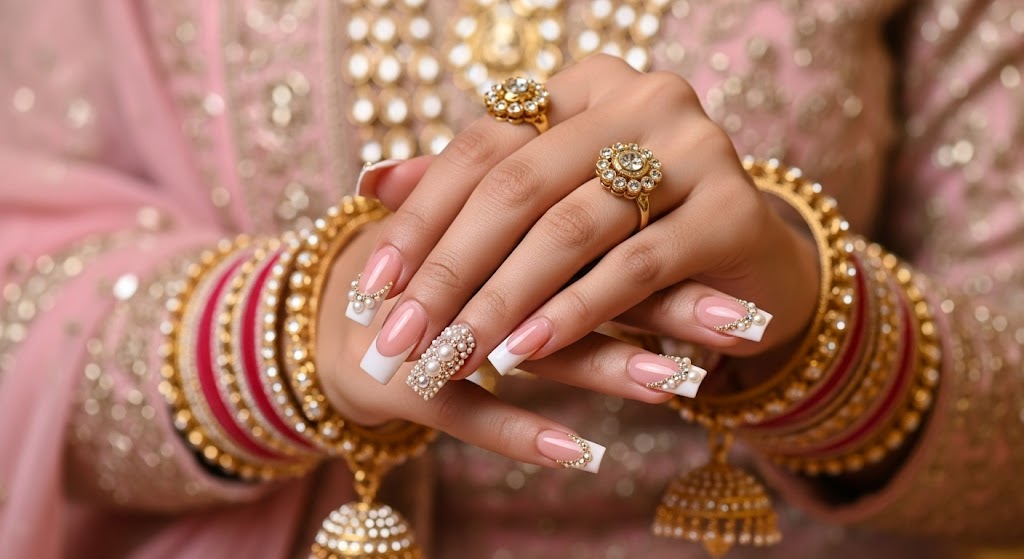 Bridal French nail extensions with pearl embellishments and elegant nail art for timeless wedding beauty.
