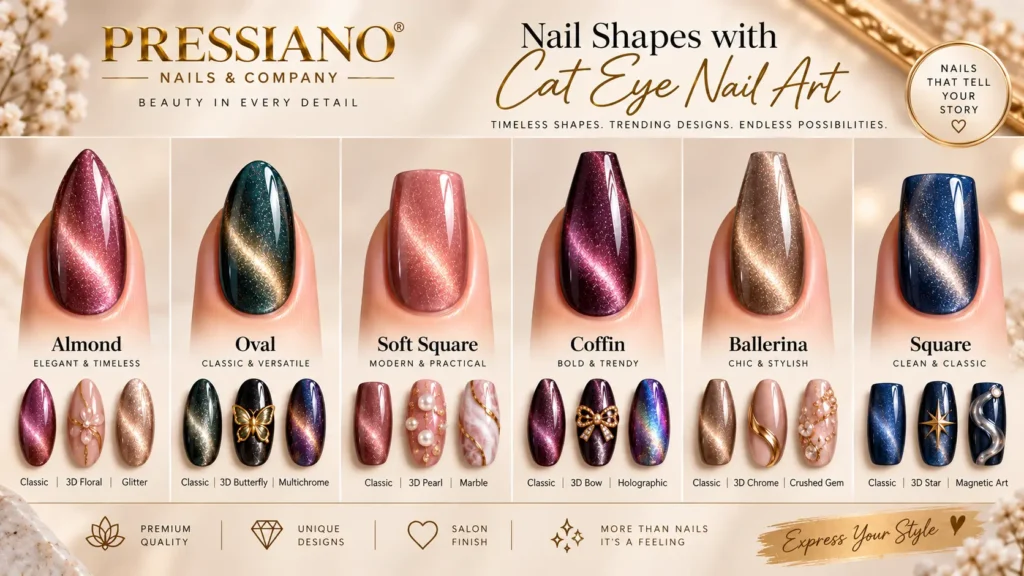 Different Nail Extensions Shape with Cat Eye Nail Art at Pressiano Nails Company in Sector 4, Vaishali, Ghaziabad - Next to Paras Hospital